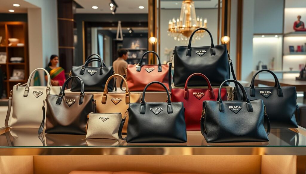 Display of luxury handbags in a boutique.