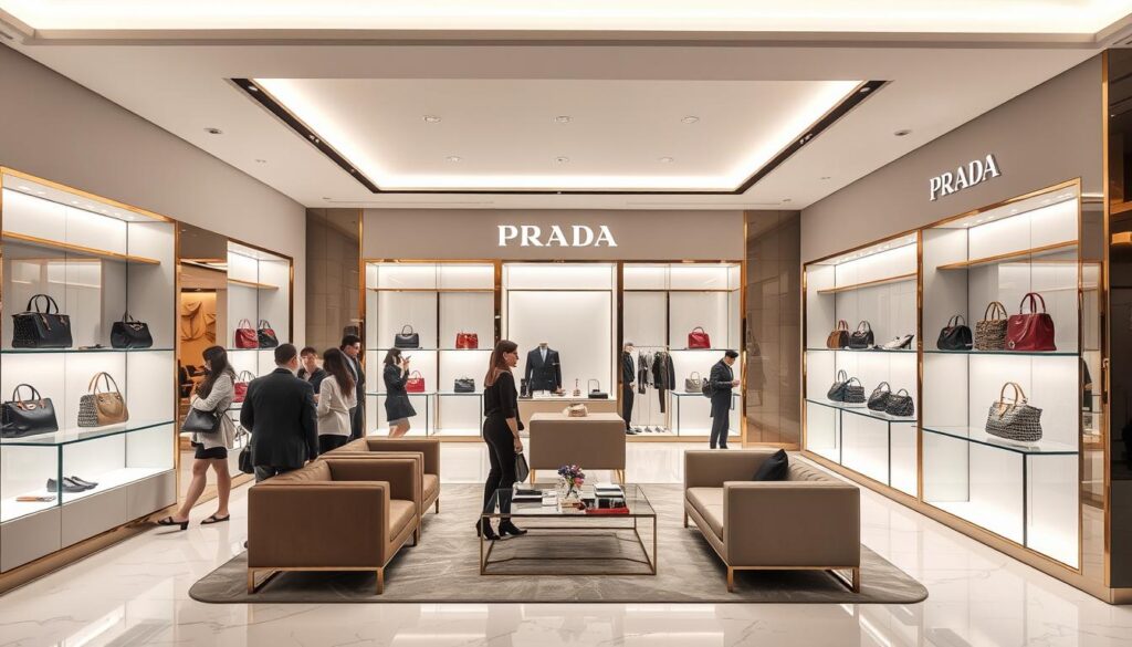 Luxury store interior with handbags on display.