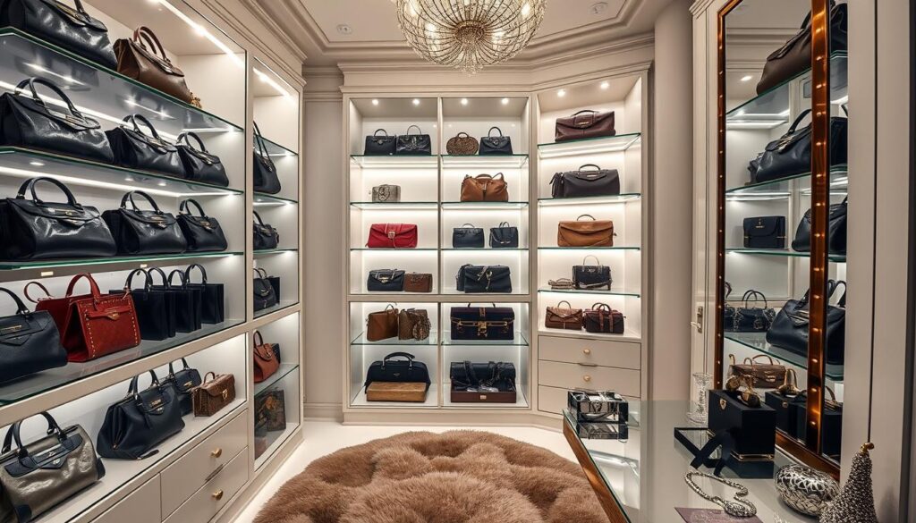 Luxury walk-in closet with handbags on display shelves.