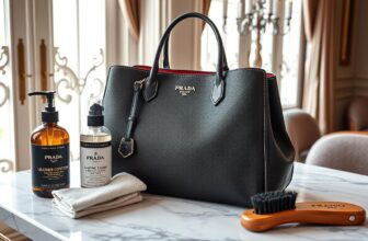 Luxury handbag with leather care products on table.