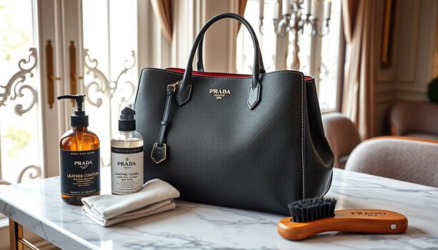 Luxury handbag with leather care products on table.