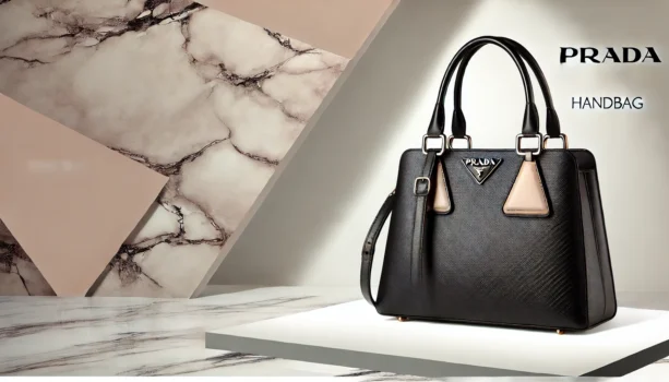 Elegant black luxury handbag on marble background