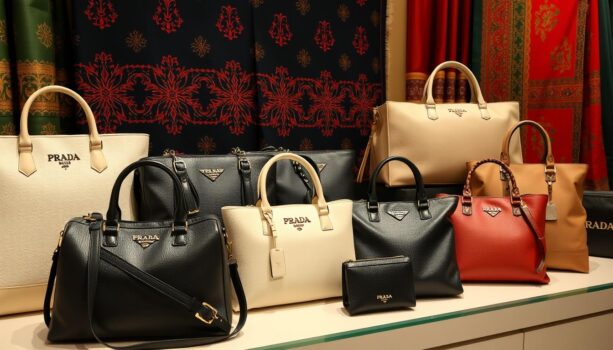 Collection of luxury designer handbags on display.