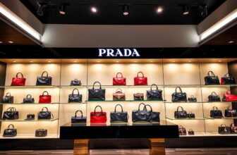 Prada handbags display on illuminated shelves.