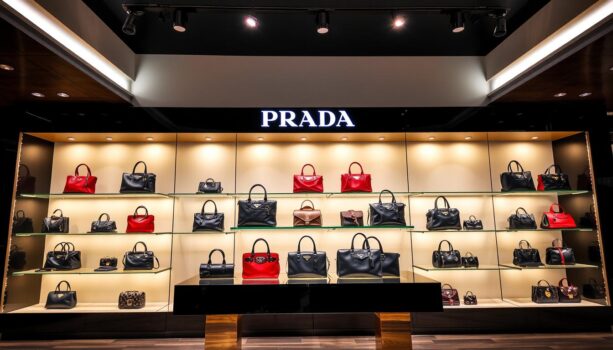 Prada handbags display on illuminated shelves.