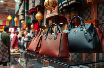 Luxury handbags displayed in colorful bazaar.