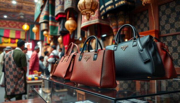 Luxury handbags displayed in colorful bazaar.