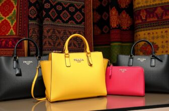 Colorful Prada bags displayed on decorative fabric backdrop.