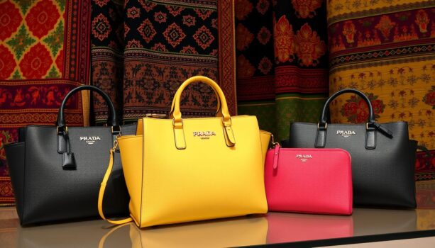 Colorful Prada bags displayed on decorative fabric backdrop.