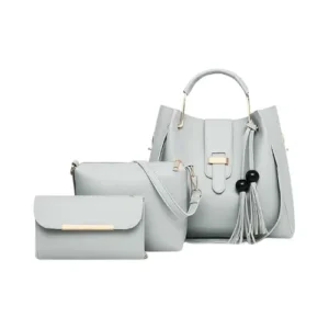 Set of stylish gray handbags and purses