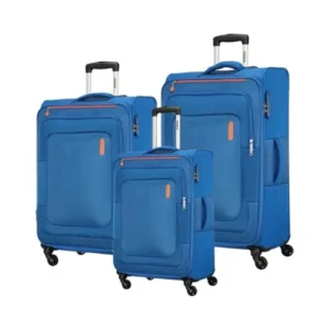 Blue luggage set with three suitcases on wheels.