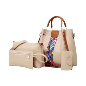 Stylish beige handbag set with colorful strap