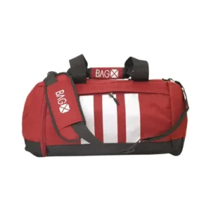 Red and white duffle bag with logo