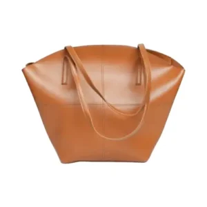 Brown leather tote bag with dual handles.