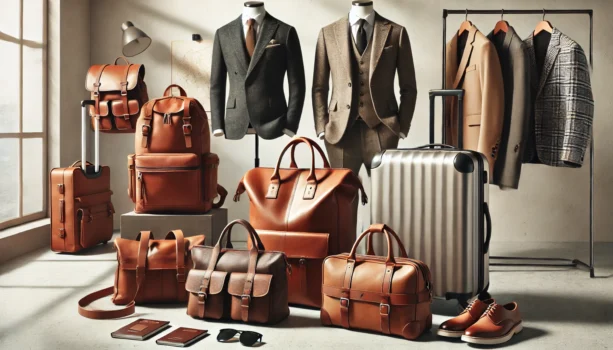 Luxury men's fashion: suits, bags, shoes, and luggage.