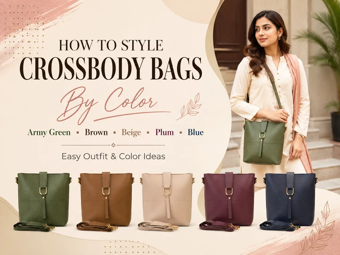 Army green, brown, beige, plum and blue crossbody bags styled with everyday outfits